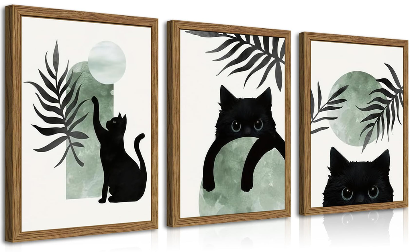 Framed Sage Green Cat Wall Art Set of 3, Natural OAK Wood Frame Boho Cute Black Cat Wall Decor Paintings, Minimalist Animal Aesthetic Canvas Posters Prints for Living Room Bedroom Bathroom 12x16In
