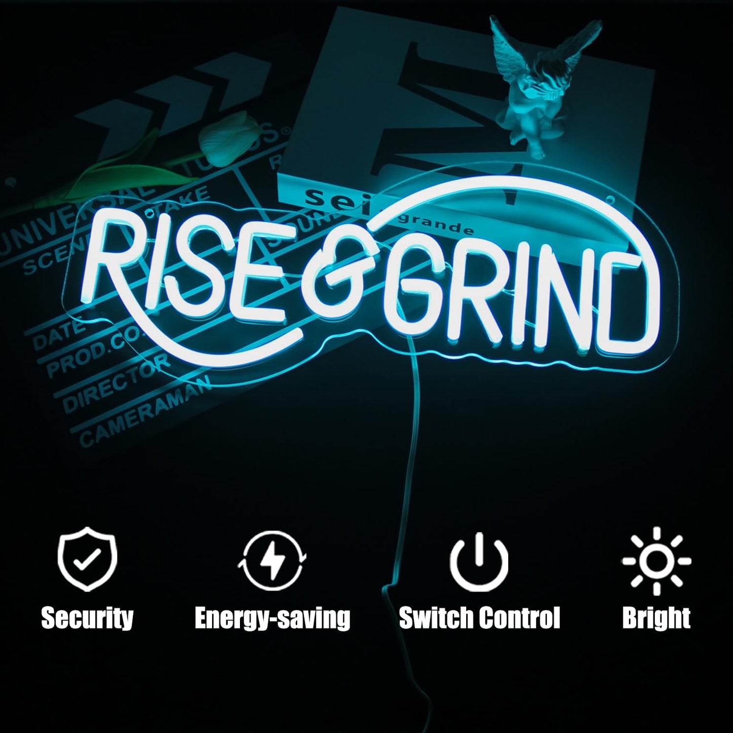 Rise & Grind Neon Sign Hustle LED Neon Signs for Wall Motivational Decor Ice Blue Letter Neon Light Inspirational Neon Wall Art Light Up Signs for Bedroom Office Gym Sports Room Man Cave Decor