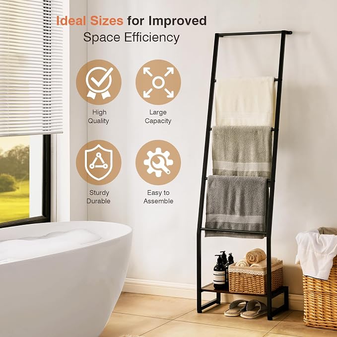 DGWJSU Blanket Ladder, 5 Tier Ladder Shelf,Wooden Blanket Ladders for Living Room and Bedroom, 5.2ft Blanket Holder Rack Farmhouse Ladder Rack for Storage and Home Decor, Rustic Brown and Black
