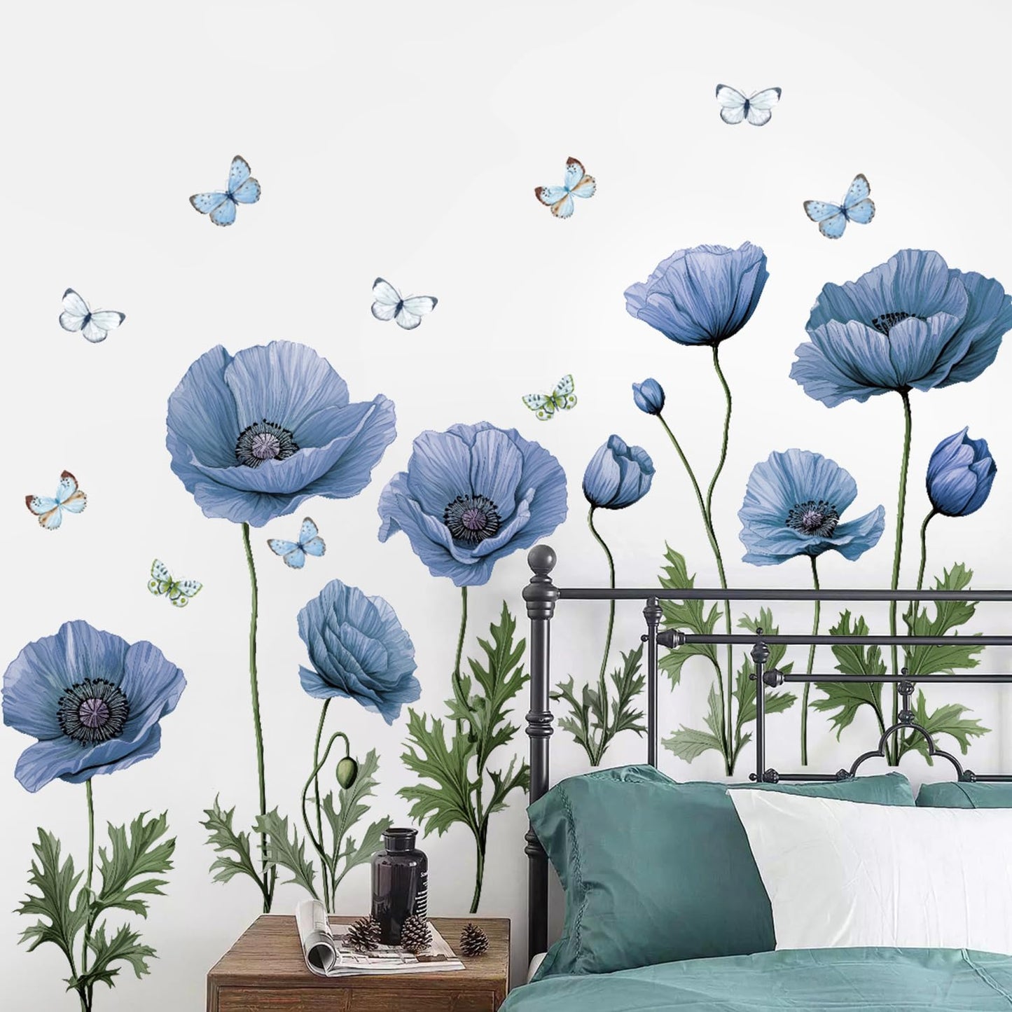 AM AMAONM Removable 3D Creative Flowers and Butterflies Wall Decal, Flower Vines Wall Stickers, DIY Floral Leaf Wall Decor for Home Nursery Bedroom Wall Corner Decoration (Blue)