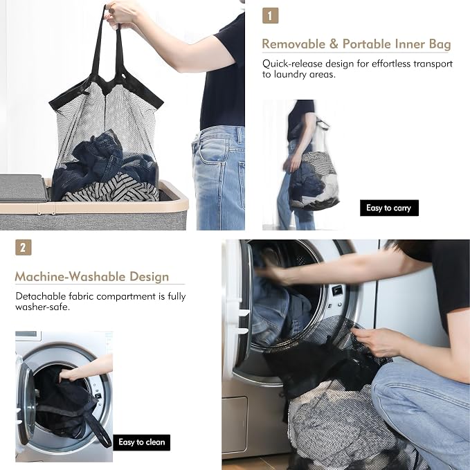 DOKEHOM 160L Extra Large Laundry Hamper with Lid, 2-Section Double Laundry Basket with Removable Mesh Liner Bags, Collapsible Clothes Sorter for Family, Bedroom, Laundry Room, Dark Grey