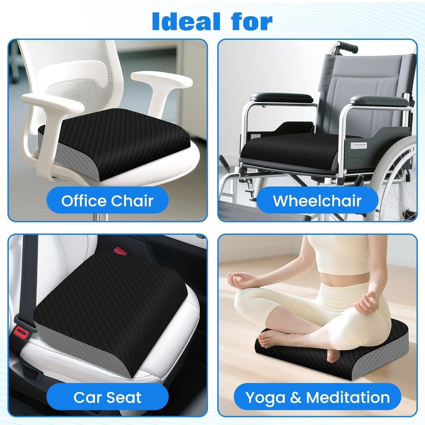 EdenDwell Seat Cushion for Office Chair, Memory Foam Chair Cushions, Car Seat Cushion for Long Sitting, Desk Chair Cushion for Pressure Relief, Non-Slip Bottom, Washable Cover, Large, Black