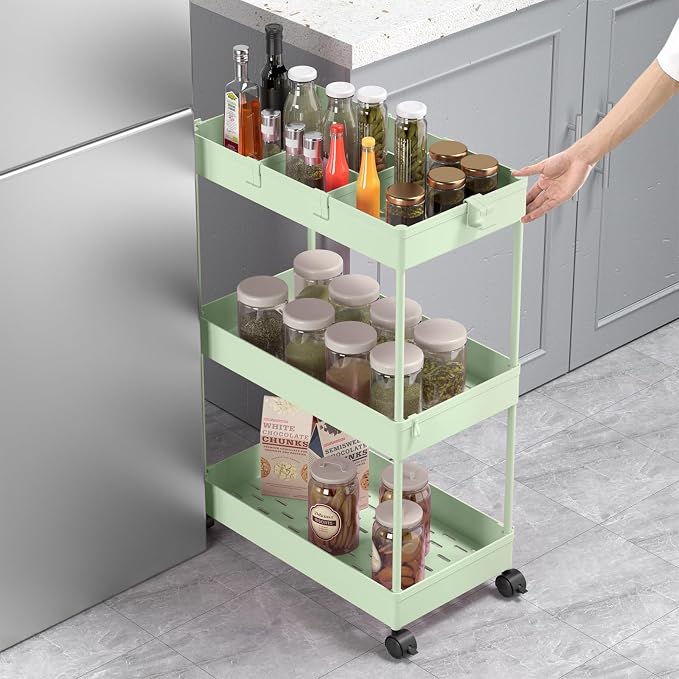 SPACELEAD 3 Tier Rolling Cart with Wheels, Storage Craft Art Trolley Organizer Serving, 3 Hanging Baskets Easy Assembly, for Office, Living Room, Kitchen, Green