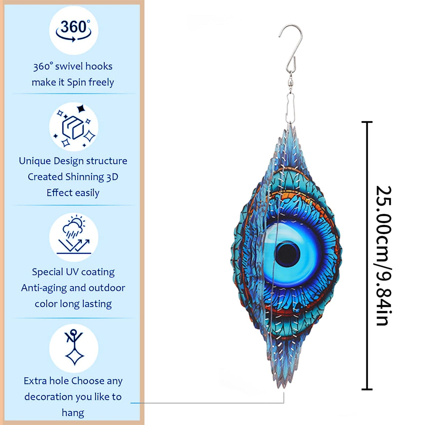 SAC SMARTEN ARTS 3D Wind Spinner Mandala 10 Inch Evil Eye Stainless Steel Wind Sculpture Blue Hanging Ornament Laser Cut Metal Art for Indoor Outdoor Garden Decoration Protective Amulet for Home Yard