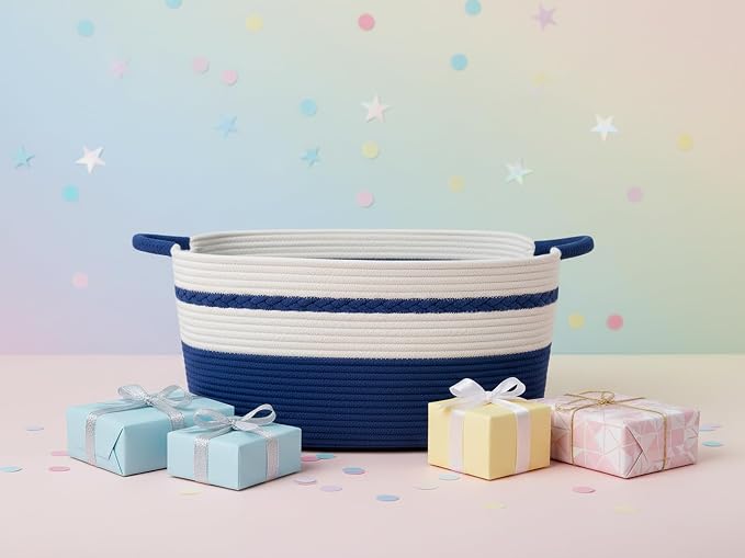 Decorative laundry basket with handles woven from natural cotton rope storage blankets for living room cute boho quilted gift baskets for clothes pillows toys 20"x14"x10",white/blue