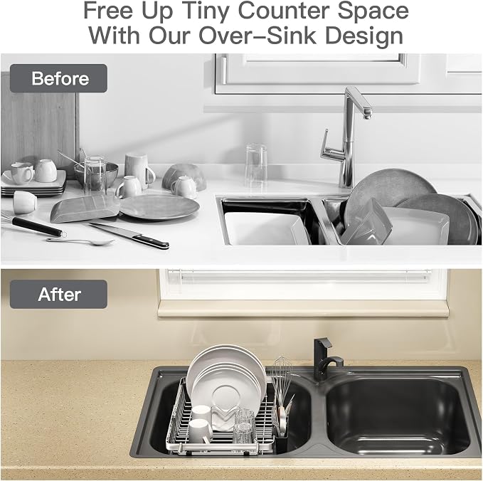 MAJALiS Dish Drying Rack Over The Sink with Utensil Holder, Mat | Expandable Stainless Steel Dish Drainer for Small Kitchen, Apartment, RV, Counter Space Saving, Perfect Fit, Rustproof