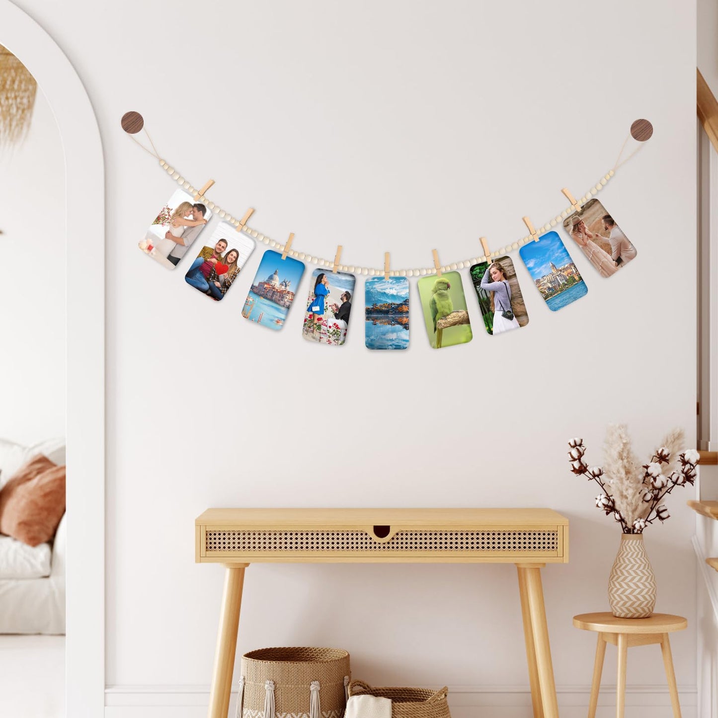 KooEggdo Hanging Photo Display Wall Decor With 9 Clips, Boho Wooden Bead Garland Collage Picture Frame, Bedroom, Living Room, Dorm Room Office, Teen Girl Holiday Gift