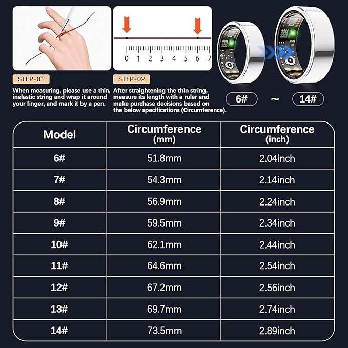 Ring Health Tracker for Women Men, Fit Ring with Heart Rate, Blood Oxygen, Sleep Monitor, Calories, Step Counter, IP68 Waterproof Smart Ring for iPhone & Android, No Subscription Fee (Silver, 7#)