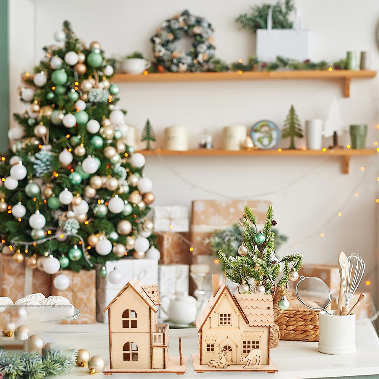 3 Pcs Christmas Village Houses: Led Light Wooden House with Battery, Unfinished Rustic Holiday Village Decor - Perfect for Christmas Table Centerpieces, Xmas Party Decorations,DIY Crafts