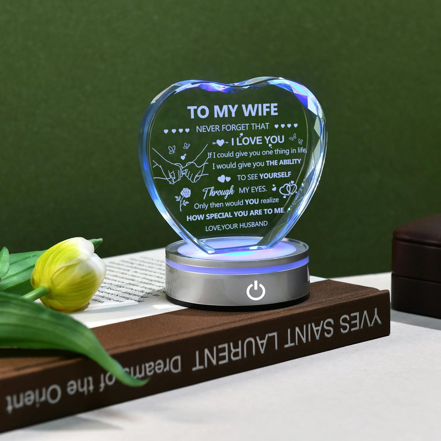 IFOLAINA Gifts for Wife I Love You Gifts from Husband Romantic Wife Birthday Gifts IdeasTo My Wife Heart Crystal Plaque with Lighted Base Wedding Anniversary Crystal Lamp