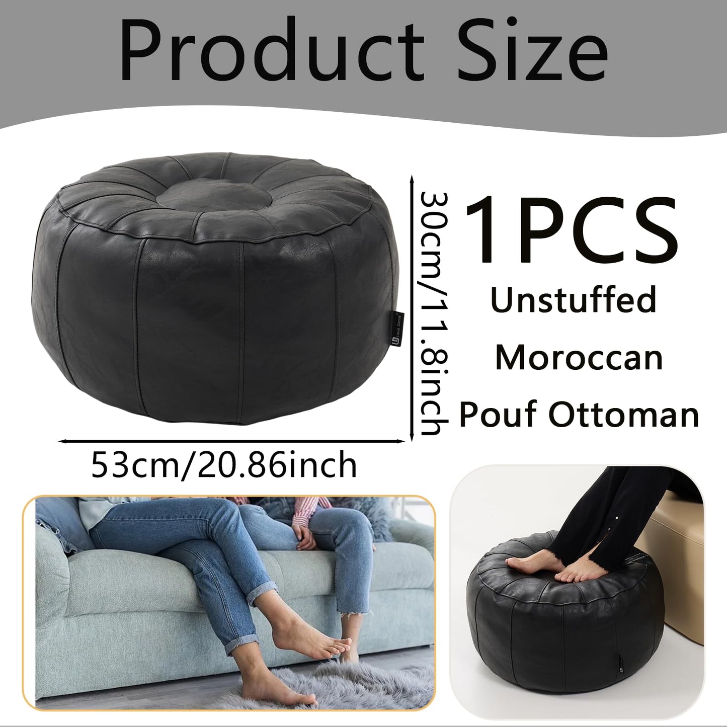 Louis Donné Unstuffed Pouf Ottoman Cover, Handmade Faux Leather Moroccan Pouf Ottoman Footstool, Floor Footrest Cushion, 21x12inch Black Storage Solution Poufs for Lving Room Gifts, ONLY Cover