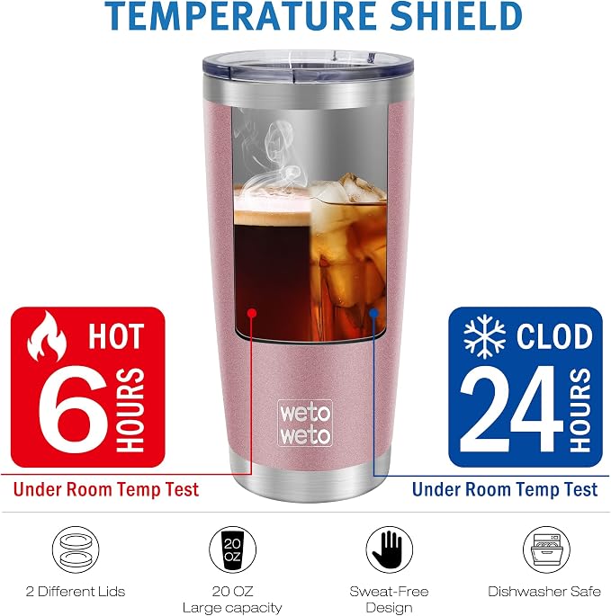 WETOWETO 20oz Insulated Stainless Steel Coffee Mug, Double Wall Vacuum Travel Mug with 2 Lids and 2 Straws, Powder Coated Tumbler Cup (Rose Gold,1)