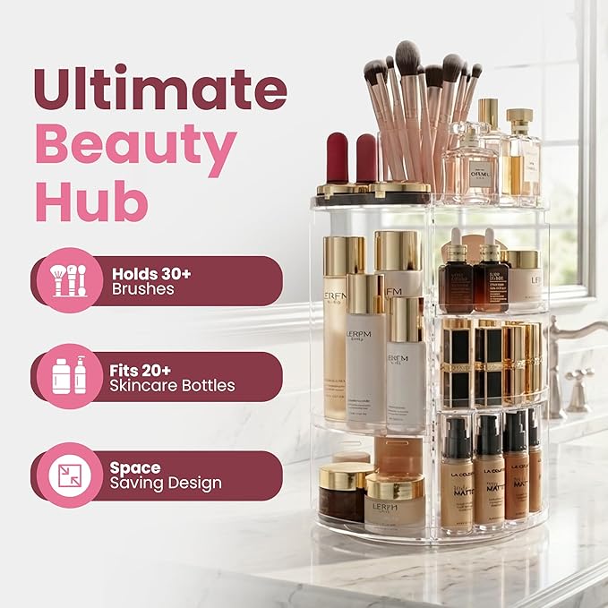 Masirs 360 Rotating Makeup Organizer Countertop - Adjustable Shelf Height - The Perfect Round Spinning Cosmetic Organizer for Bedroom Dresser or Vanity Countertop Storage (Clear)
