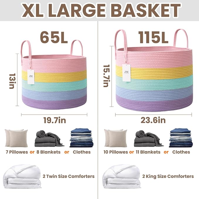 JMvicyroam 115L Extra Large Blanket Basket for Living Room - Woven Cotton Rope Laundry Hamper with Reinforced Handles - Storage Bin for Pillows, Comforters & Toys - Machine Washable,Rainbow