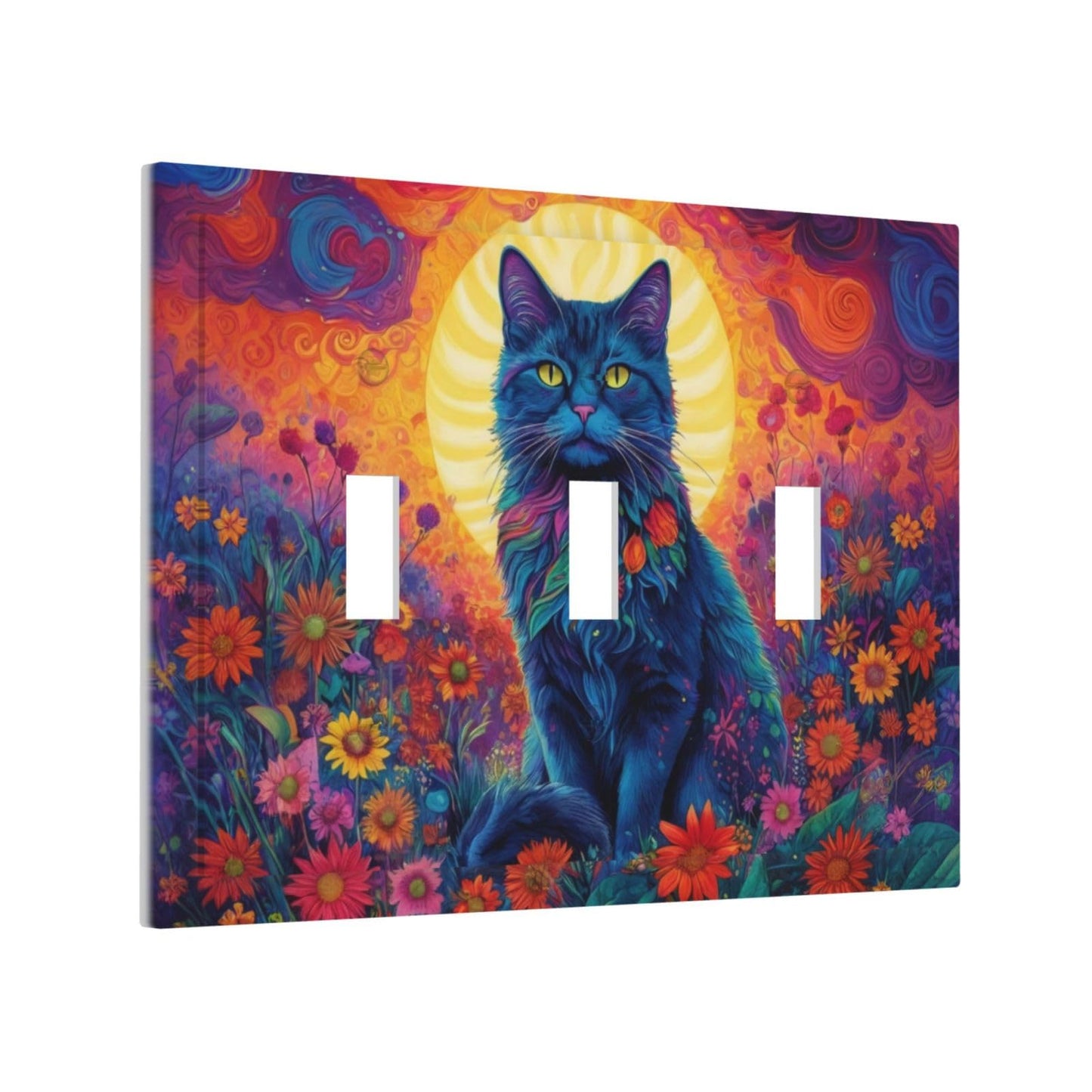 ThsanjuCute Watercolor Cat Gold Sun Sunset Colorful Flowers Clouds