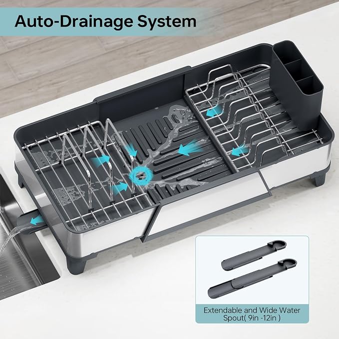 Urackify Large Dish Drying Rack - Triple Expandable Dish Rack for Kitchen Counter, Stainless Steel Sink Organization and Storage Essentials with Utensil & Pans Holder for Home and Appartment, Gray