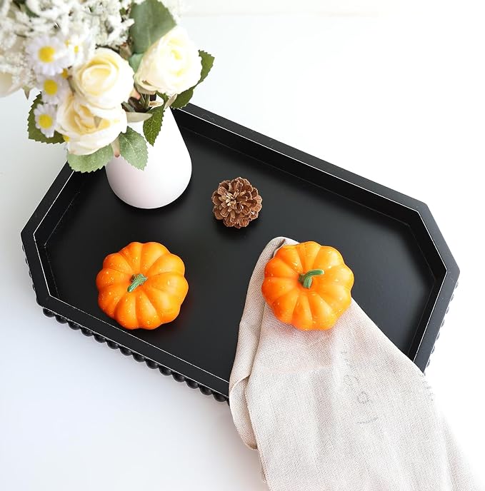 Hrastany Wood Rustic Serving Tray with Beads, Farmhouse Black Decorative Tray for Table Centerpiece, Christmas Wedding Halloween Home Decor