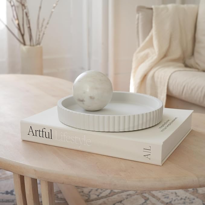 Decorative Concrete Tray & Book Decor Set - Scalloped Tray & Linen Box Enhance Your Coffee Table or Bookshelf Decor - Stylish Home Decoration for Your Living or Dining Room & as a Housewarming Gift