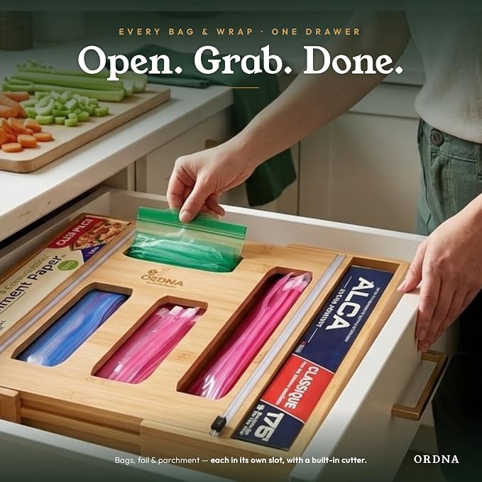 3" Slim 6-in-1 Expandable Storage Bag Organizer Kitchen Drawer - Bamboo Baggie Organizer for Drawer, Aluminum Foil & Saran Wrap Cutter, Plastic, Gallon, Quart & Sandwich Bags (11.5"-17.63" Wide)