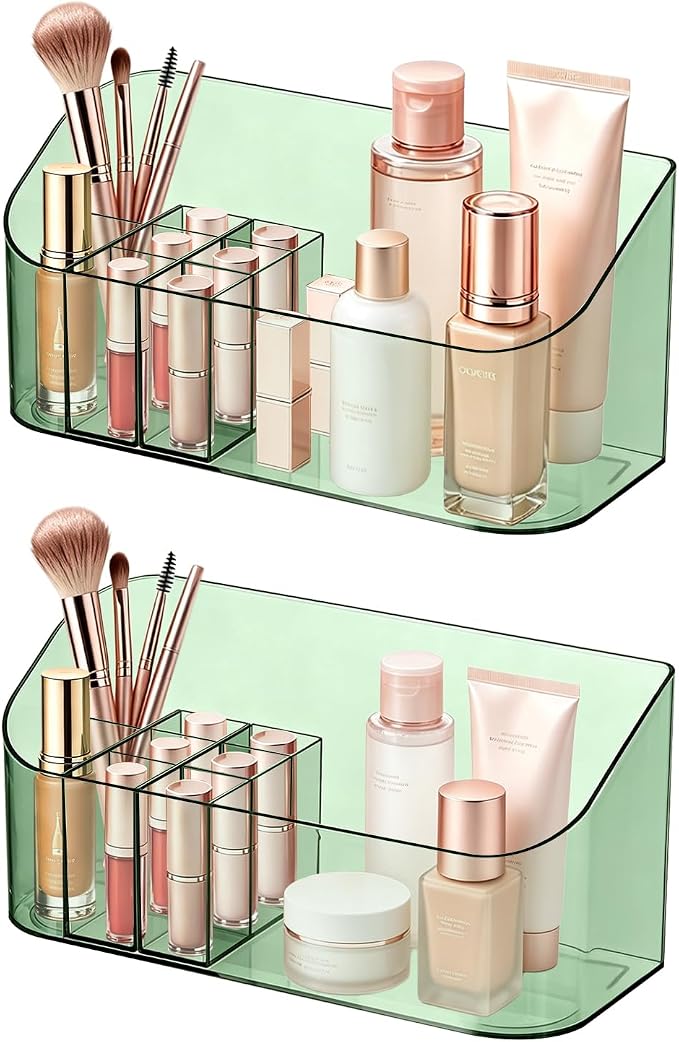 SUNFICON 2 Pack Makeup Trays Organizers Holders Cosmetic Display Cases Tabletop Desktop Vanity Countertop Bathroom Wall Cabinet Medicine Storage Boxes for Womens Ladies Girls Crystal Green