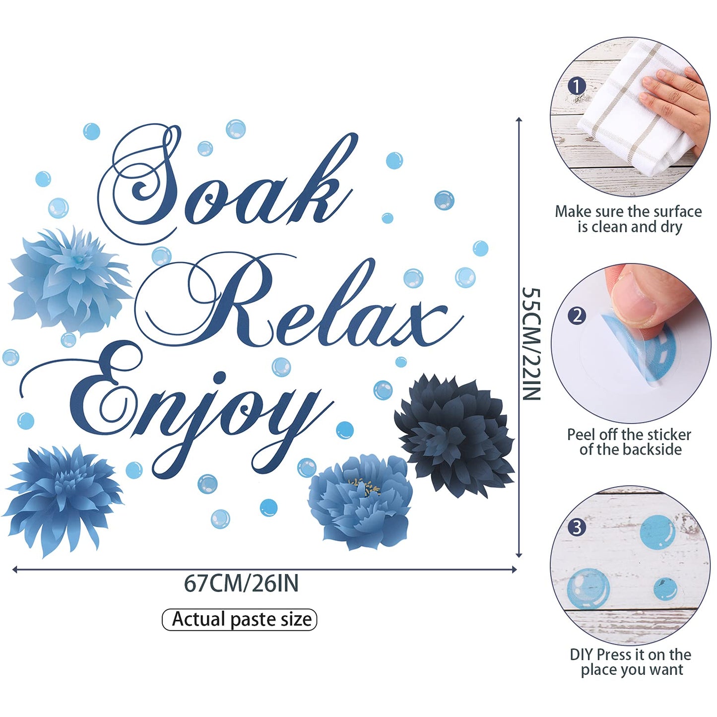Xuniea Blue Bathroom Wall Decals Soak Relax Enjoy Spa Wall Decor Stickers Waterproof Flower Sign Sticker for Bedroom Bathroom Kitchen Living Room DIY Decorations