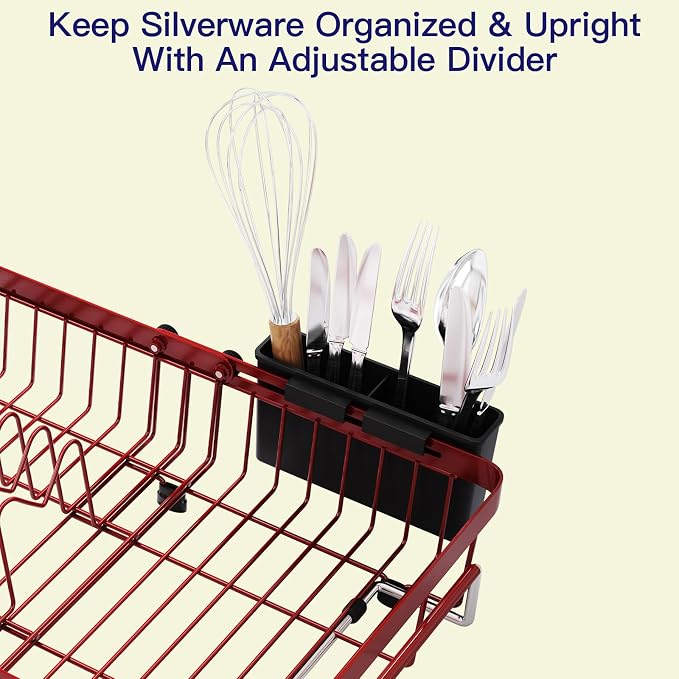 MAJALiS Red Dish Drying Rack Over The Sink with Utensil Holder, Mat | Expandable Stainless Steel Dish Drainer for Small Kitchen, Apartment, RV, Counter Space Saving, Perfect Fit, Rustproof