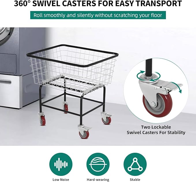 Extra-Large Rolling Laundry Cart with Wheels Holds 4 Washer Loads, Wire Laundry Basket, Heavy-Duty Steel Storage Basket with Galvanized Finish, for Commercial or Home Laundry