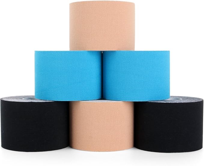 Kinesiology Tape 6 Rolls, Waterproof Kinetic Tape Muscle Tape for Injured Muscle Recovery & Joints Support, 2 Inch x 16.4 Feet Roll (Beige, Black, Blue)