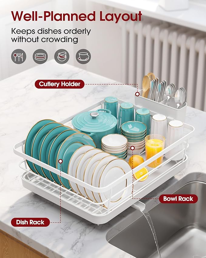 Sakugi Dish Drying Rack - Stainless Steel Dish Rack with Drainboard for Kitchen Counter and Sink, 15.6" D x 12" W x 5" H, White
