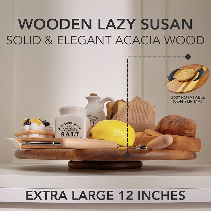 Acacia Wood Lazy Susan Wood Turntable Tray Cabinet Organizer, 12" (Two Pieces)