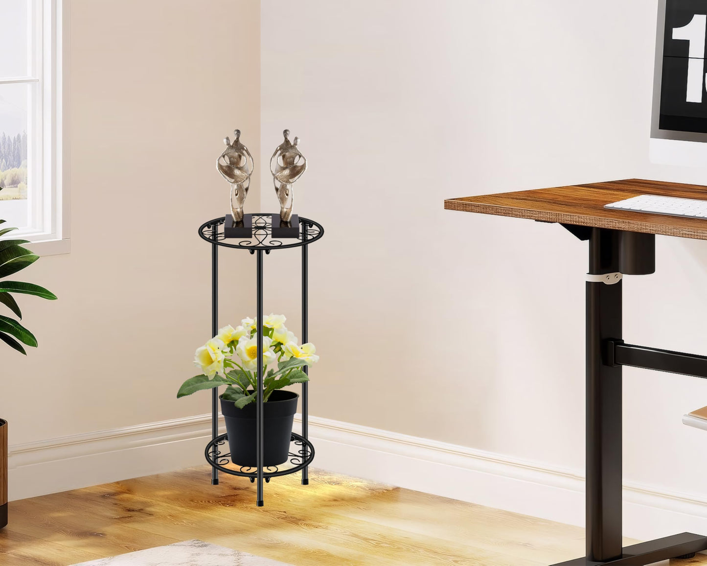 CASIMR Plant Stand Indoor Outdoor, Metal Rustproof Flower Shelf 2 Tier 23.9 inch, Tall Multiple Plant Pot Holder Rack for Garden Patio Living Room Corner Balcony, Black