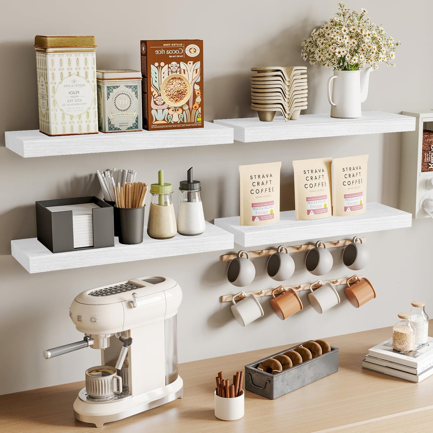 Fixwal White Shelves for Wall, 15.8in Rustic Wood Finish Floating Wall Shelves Set of 4, Shelves for Wall Decor, with Invisible Brackets for Bathroom, Living Room,Bedroom and Kitchen