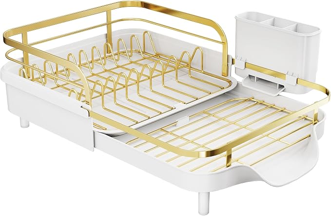 SAYZH Dish Drying Rack - Expandable Dish Rack for Kitchen Counter, Rust-Resistant Dish Drainer with Utensil Holder and Raised Guardrail, Kitchen Organizer for Cup and Bottle (Gold)