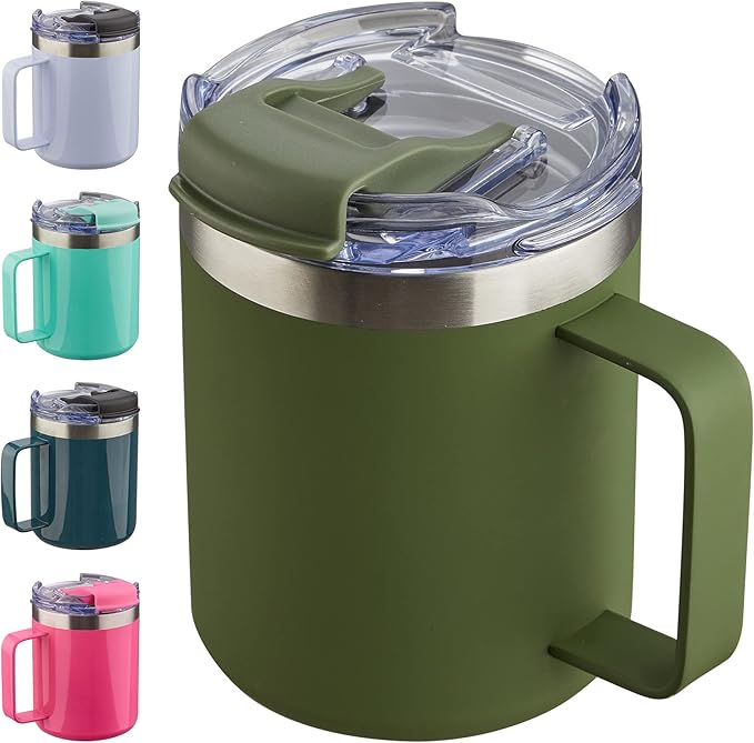 12oz Insulated Coffee Mug Cup with Handle, Stainless Steel Travel Coffee Mug with Flip Lid, Double Wall Vacuum Coffee Tumbler, ArmyGreen