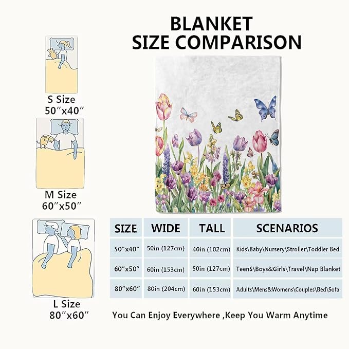 Spring Tulip Flower Blanket Cute Floral Throw Blankets with Colorful Butterfly,Birthday Gifts for Girls Women & Nature Lovers,Lightweight Soft Fleece,for Sofa Couch Bed Room Decor 40x50in