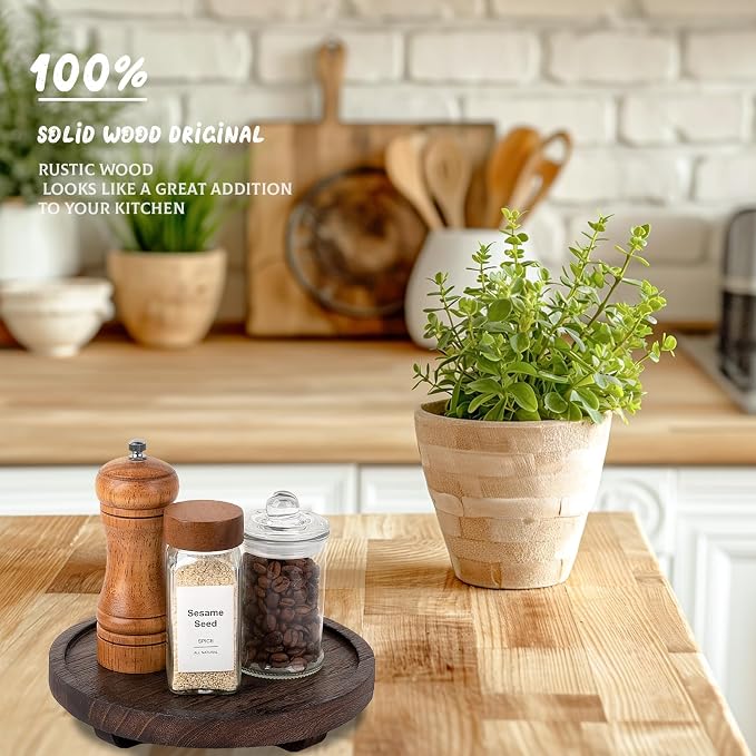 zoocatia Round Decorative Tray Wood Bathroom Counter Organizer Farmhouse Kitchen Decor Wooden Riser for Soap Dish, Perfume, Candle, Sponge, 8" - Walnut