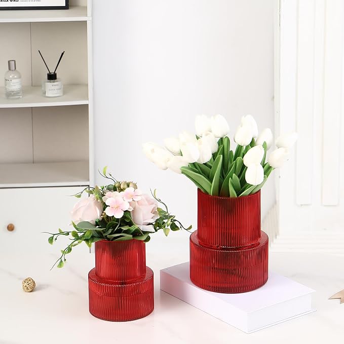 Ribbed Glass Vases for Bouquet, Set of 2 Red Vases for Flowers, Red Glass Vase for Tulips, Modern Vase for Living Room, Office, Coffe Table, Dining Table, Shelf, Wedding
