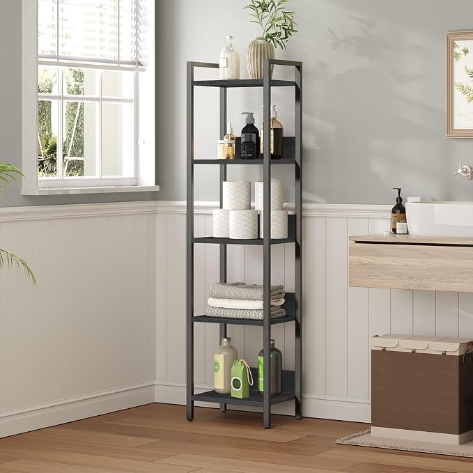 MAHANCRIS 5-Tier Bookshelf, Bookcase, Shelves Organizer for Small Spaces, Storage Shelf Organizer, for Living Room, Bedroom, Study, Balcony, Black BKHB5501
