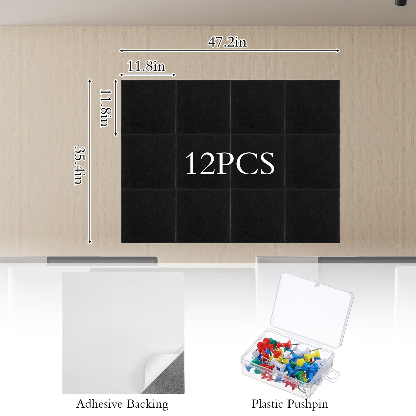 12 Pack 47x35 Inch Large Cork Board Alternative, Black Felt Bulletin Boards Wall Tiles with Push Pins and Removable Adhesive Tabs, for Office Home Pin Board