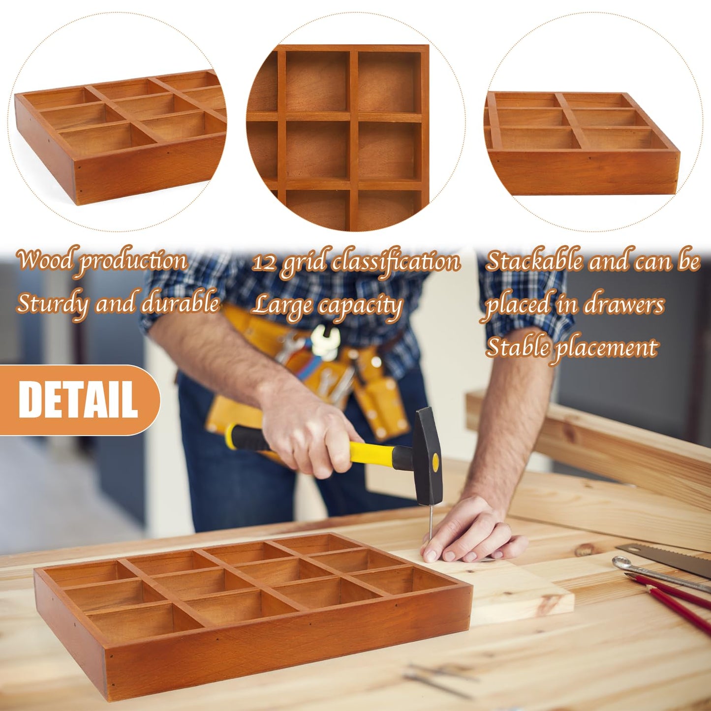Wuqoioo Wooden Tray, 2 Pack Wood Drawer Organizer Drawer Organizer 12 Grid Sorting Tray, Wood Divided Organizers Wooden Sorting Trays For Arts & Crafts, Stationery, Small Items, Home Office