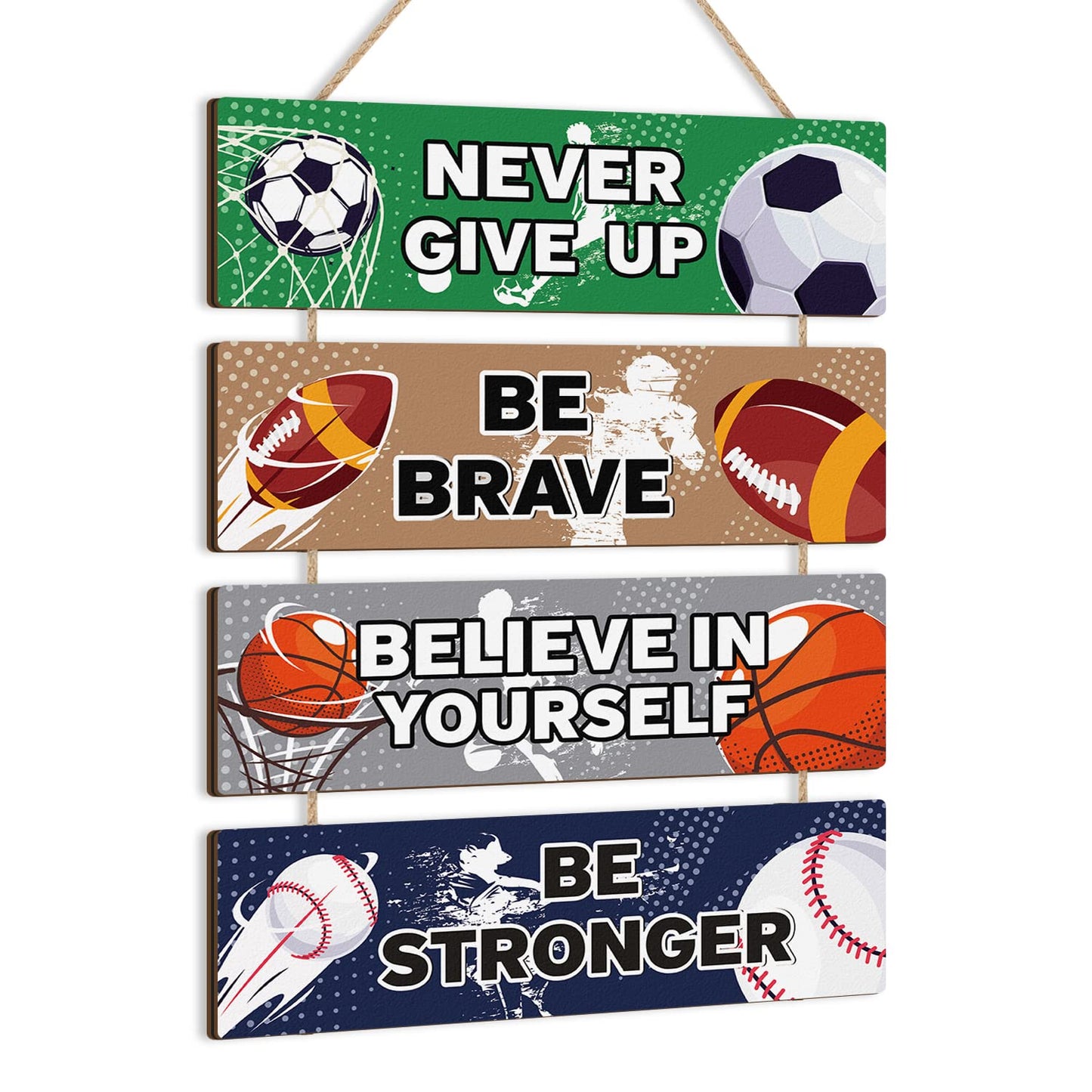 HLNIUC Sport Themed Wall Decor,Football Wood Sign(3.5"x12"),Inspirational Never Give Up Wooden Sign,Basketball Wood Hanging Wall Art For Boys Kids Room Playroom Nursery Decor(Retro Style)