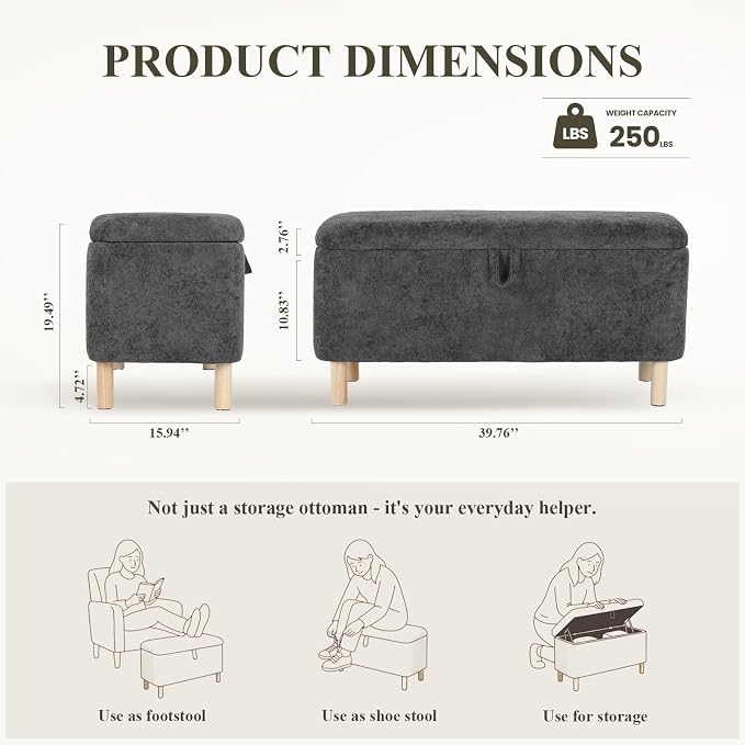 COLAMY Ottoman with Storage, Storage Ottoman Bench, End of Bed Storage Bench, Square Ottoman Foot Rest, Entryway Bench with Seating and Wood Legs for Living Room, Bedroom, Dark Grey
