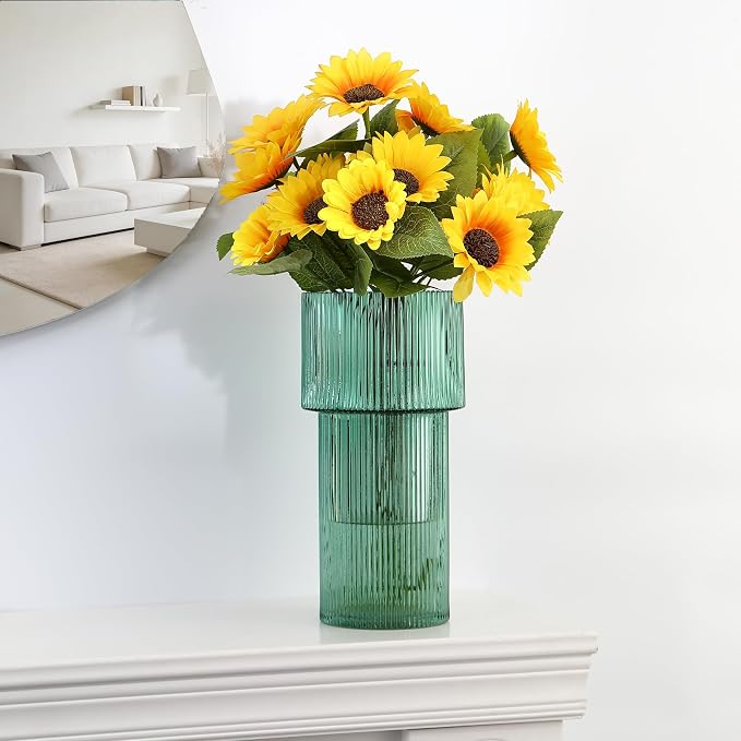 Large Glass Vase, 12 Inches Tall Vase for Flowers, Green Flower Vases for Bouquet, Modern Green Glass Vases for Living Room, Dining Table, Office, Entryway, Mantle, Shelf, Wedding Gifts