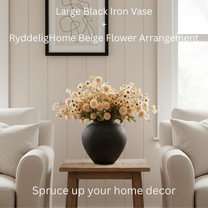 Black Large Round Vase Pottery Look for Home Decor, Arina Black Rustic Iron Vase Modern Farmhouse, Console Table Decor, Earthy Textured Metal Big Black Round Vases for Centerpieces, Jarrones Grandes