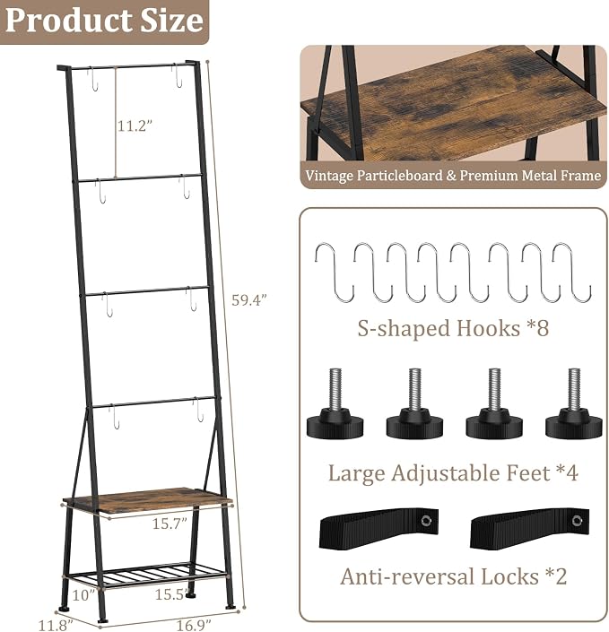 Blanket Ladder Towel Rack with Storage Shelf and Hooks, Decorative Scarf Rack, Throw Blanket Holder Ladder Shelves for Bathroom Living Room, Rustic Brown