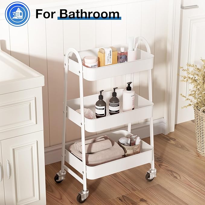 OLIXIS Metal Utility Cart, Mobile Rolling Storage Shelf with Lockable Caster Wheels, Organization for Livingroom, Bathroom & Narrow Places, 3 Tiers White