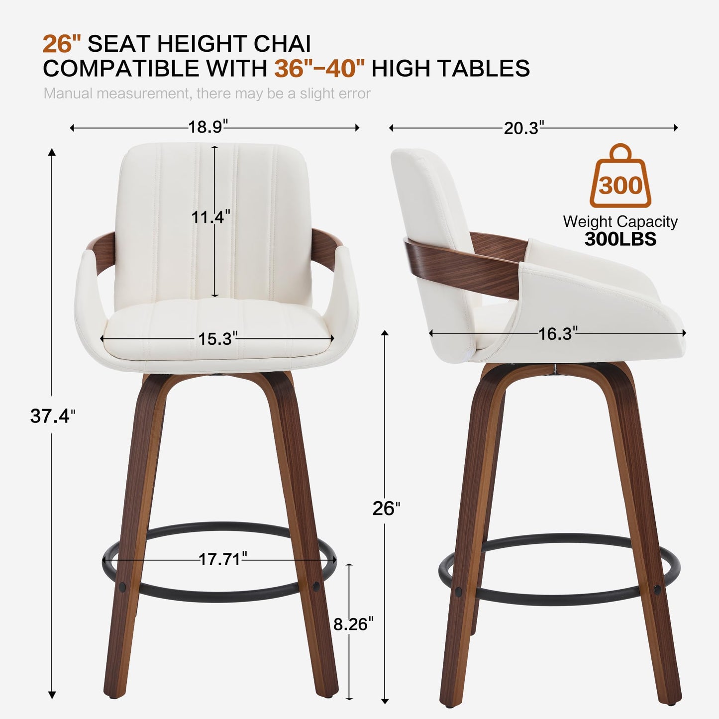 VipDesk Bar Stools Set of 2, 26" Counter Height Swivel Stools with Back, Walnut Wood Frame, PU Leather, Built-in Footrest, Modern Kitchen Island Chairs – Easy Assembly & Sturdy Design - Cream White