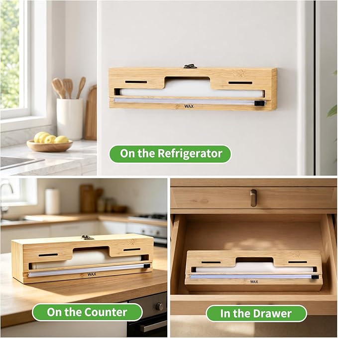MSJGA Magnetic Plastic Wrap Dispenser with Cutter, Refrigerator Bamboo Organizer for Tin Foil, Baking Paper, Wax Paper Holder Kitchen Storage Box Compatible