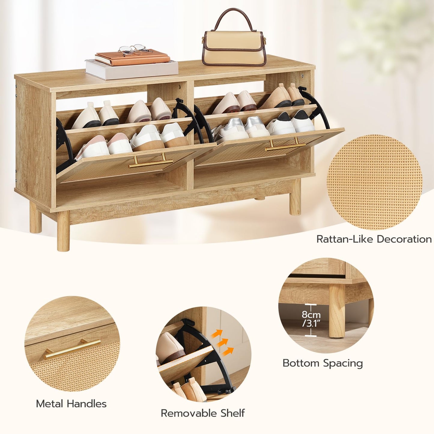 HOOBRO Shoe Storage Bench, Rattan Entryway Bench with 2 Flip Drawers, 39.4'' Hidden Shoe Cabinet with Adjustable Shelves, Comfort Seat Holds 300lb, Large Capacity Fits 8-12 Pairs, Natural NL51HX01
