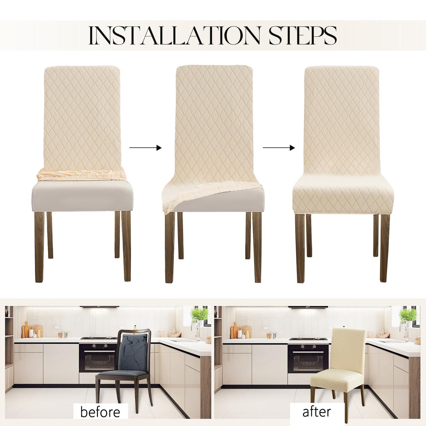 MOSAYT 100% Waterproof Dining Room Chair Covers Set of 6, Super Fit Stretch Jacquard Parson Chairs Slipcovers Removable Washable Chair Seat Protectors for Home, Kitchen, Banquet (Beige)